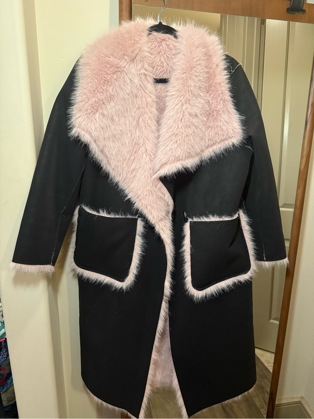 Black Coat with Pink Faux Fur Trim - Women's Jacket